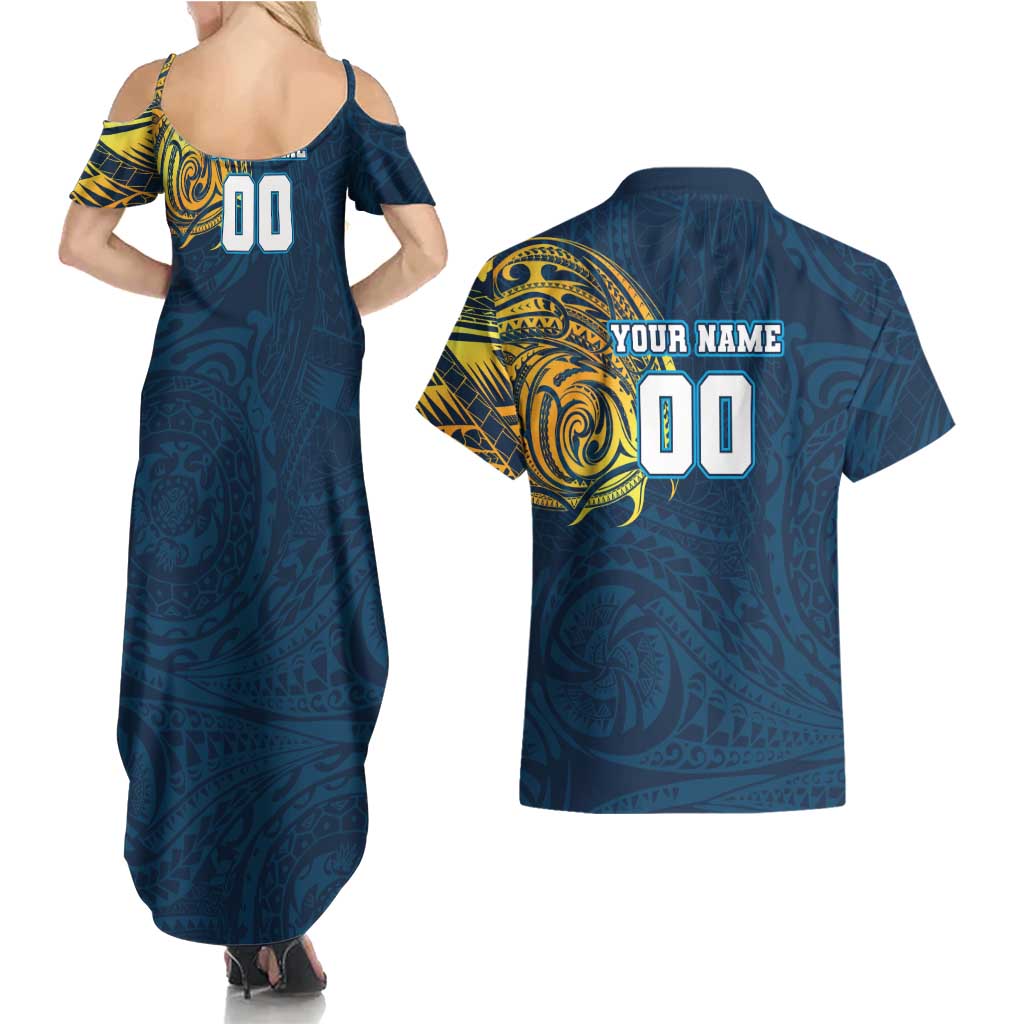 Personalized Gold Coast Titans Couples Matching Summer Maxi Dress and Hawaiian Shirt Polynesian Tribal Chest and Sleeve Tattoo