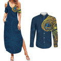 Personalized Gold Coast Titans Couples Matching Summer Maxi Dress and Long Sleeve Button Shirt Polynesian Tribal Chest and Sleeve Tattoo