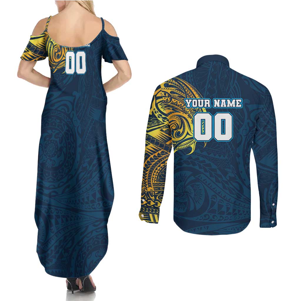 Personalized Gold Coast Titans Couples Matching Summer Maxi Dress and Long Sleeve Button Shirt Polynesian Tribal Chest and Sleeve Tattoo