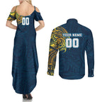 Personalized Gold Coast Titans Couples Matching Summer Maxi Dress and Long Sleeve Button Shirt Polynesian Tribal Chest and Sleeve Tattoo