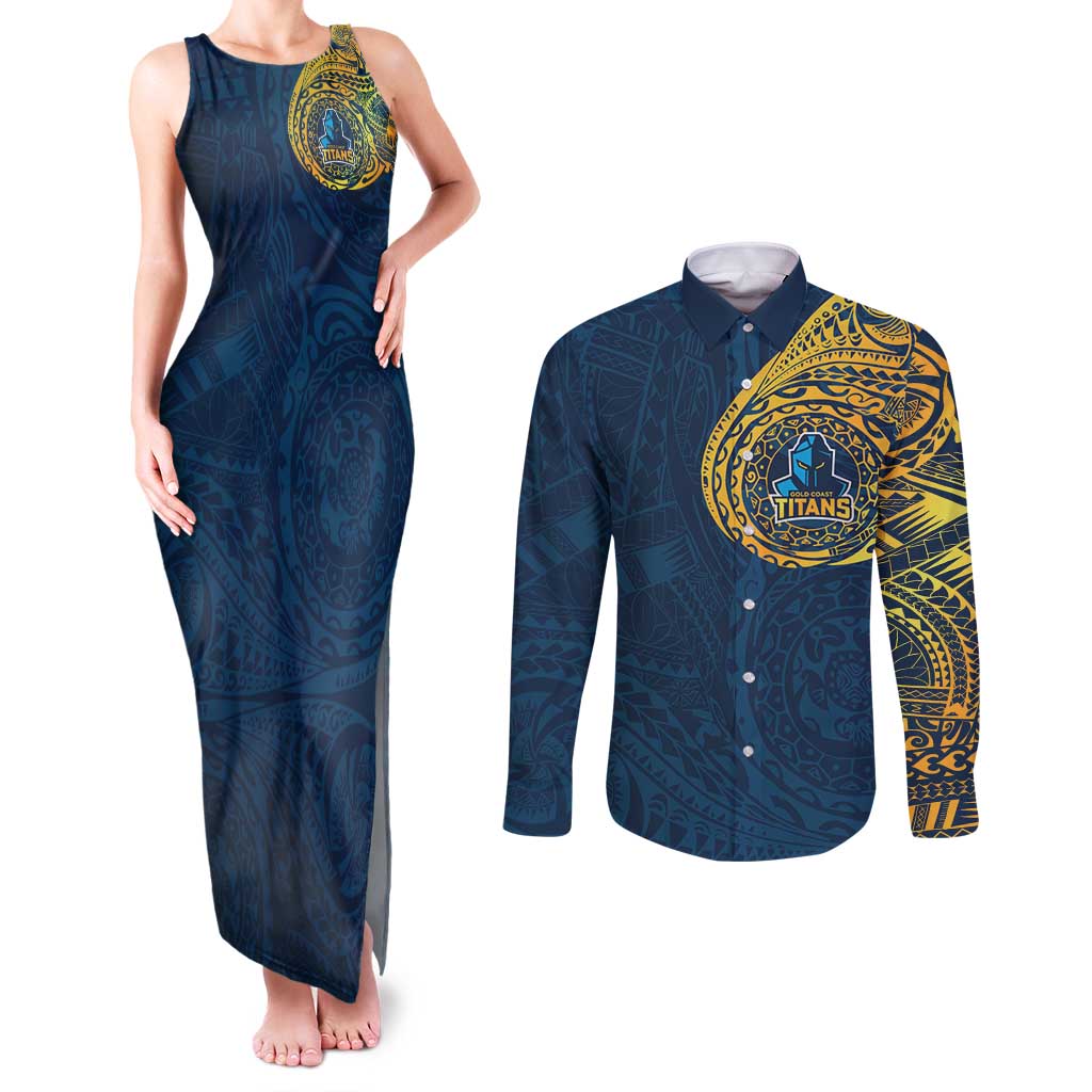 Personalized Gold Coast Titans Couples Matching Tank Maxi Dress and Long Sleeve Button Shirt Polynesian Tribal Chest and Sleeve Tattoo