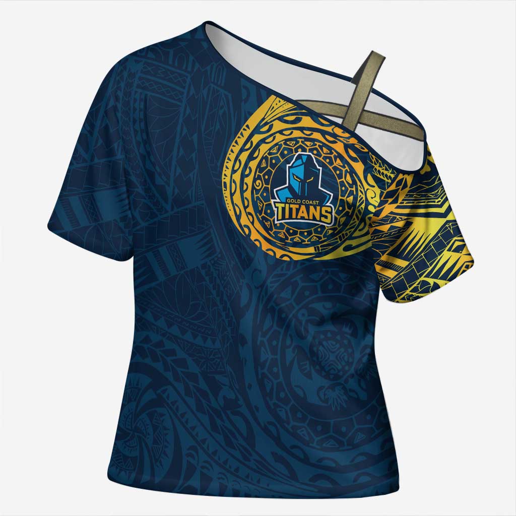 Personalized Gold Coast Titans Cross Shoulder Shirt Polynesian Tribal Chest and Sleeve Tattoo
