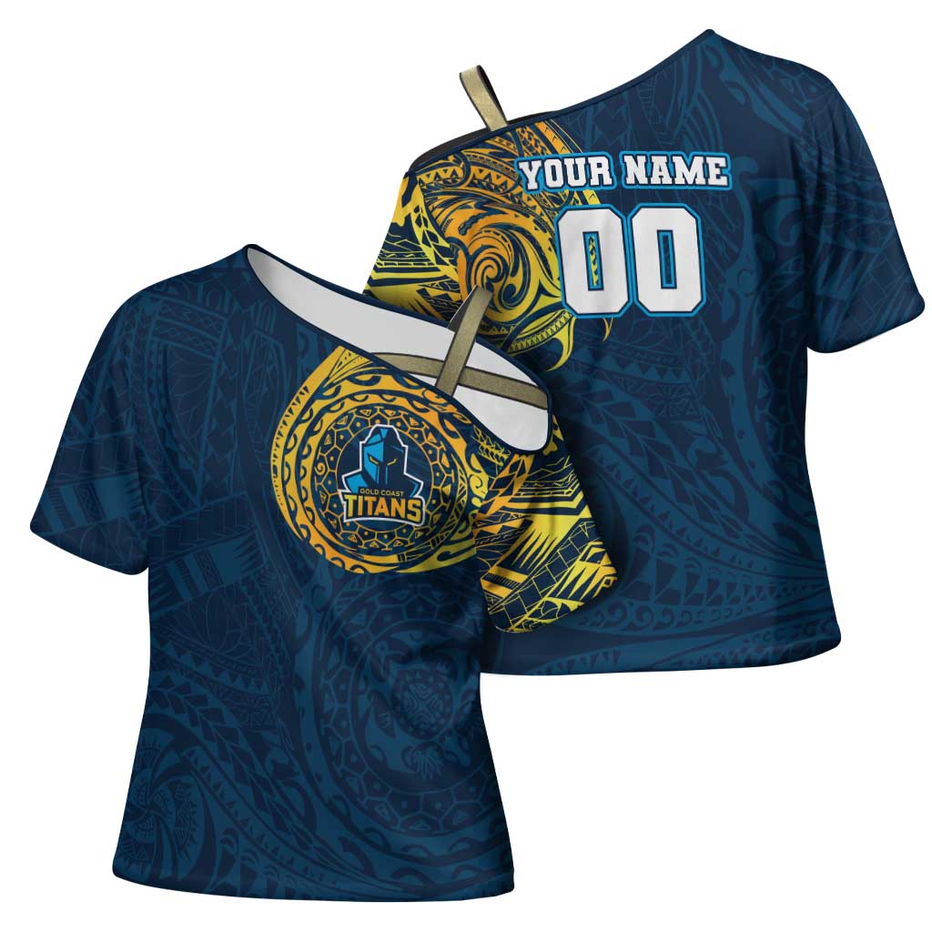 Personalized Gold Coast Titans Cross Shoulder Shirt Polynesian Tribal Chest and Sleeve Tattoo
