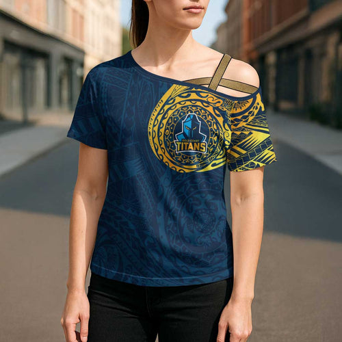 Personalized Gold Coast Titans Cross Shoulder Shirt Polynesian Tribal Chest and Sleeve Tattoo