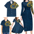 Personalized Gold Coast Titans Family Matching Long Sleeve Bodycon Dress and Hawaiian Shirt Polynesian Tribal Chest and Sleeve Tattoo