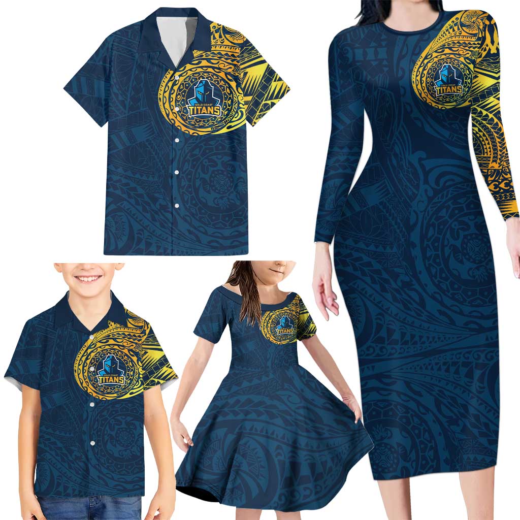 Personalized Gold Coast Titans Family Matching Long Sleeve Bodycon Dress and Hawaiian Shirt Polynesian Tribal Chest and Sleeve Tattoo