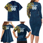 Personalized Gold Coast Titans Family Matching Long Sleeve Bodycon Dress and Hawaiian Shirt Polynesian Tribal Chest and Sleeve Tattoo