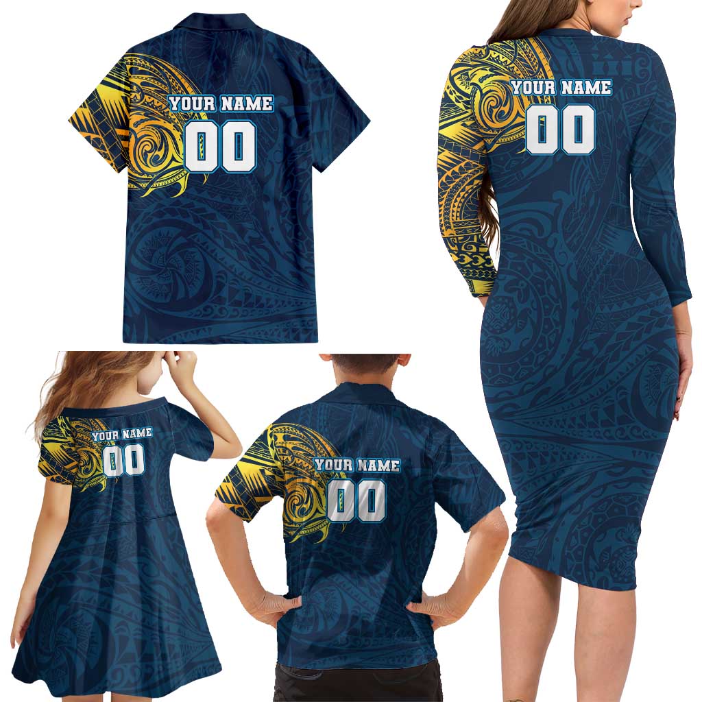 Personalized Gold Coast Titans Family Matching Long Sleeve Bodycon Dress and Hawaiian Shirt Polynesian Tribal Chest and Sleeve Tattoo