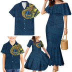Personalized Gold Coast Titans Family Matching Mermaid Dress and Hawaiian Shirt Polynesian Tribal Chest and Sleeve Tattoo