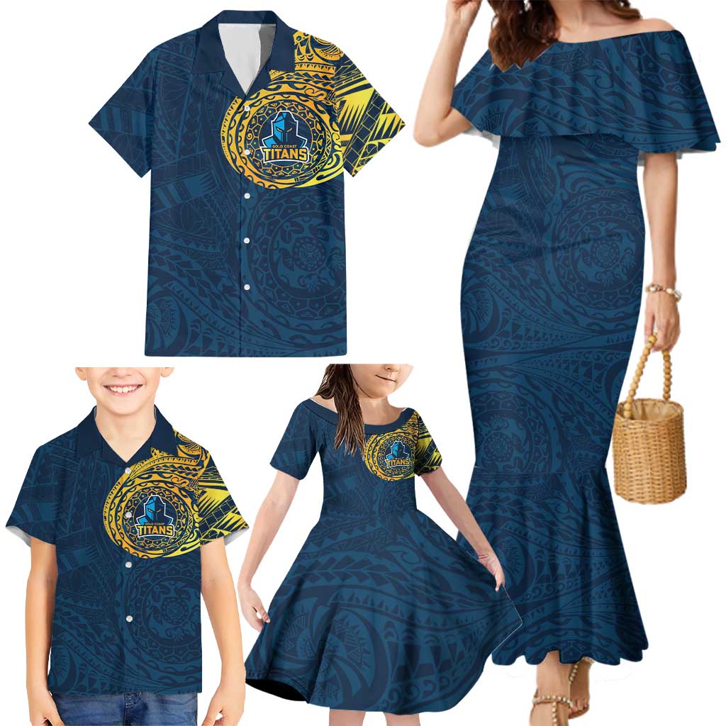 Personalized Gold Coast Titans Family Matching Mermaid Dress and Hawaiian Shirt Polynesian Tribal Chest and Sleeve Tattoo
