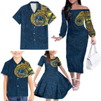 Personalized Gold Coast Titans Family Matching Off The Shoulder Long Sleeve Dress and Hawaiian Shirt Polynesian Tribal Chest and Sleeve Tattoo