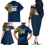 Personalized Gold Coast Titans Family Matching Off The Shoulder Long Sleeve Dress and Hawaiian Shirt Polynesian Tribal Chest and Sleeve Tattoo