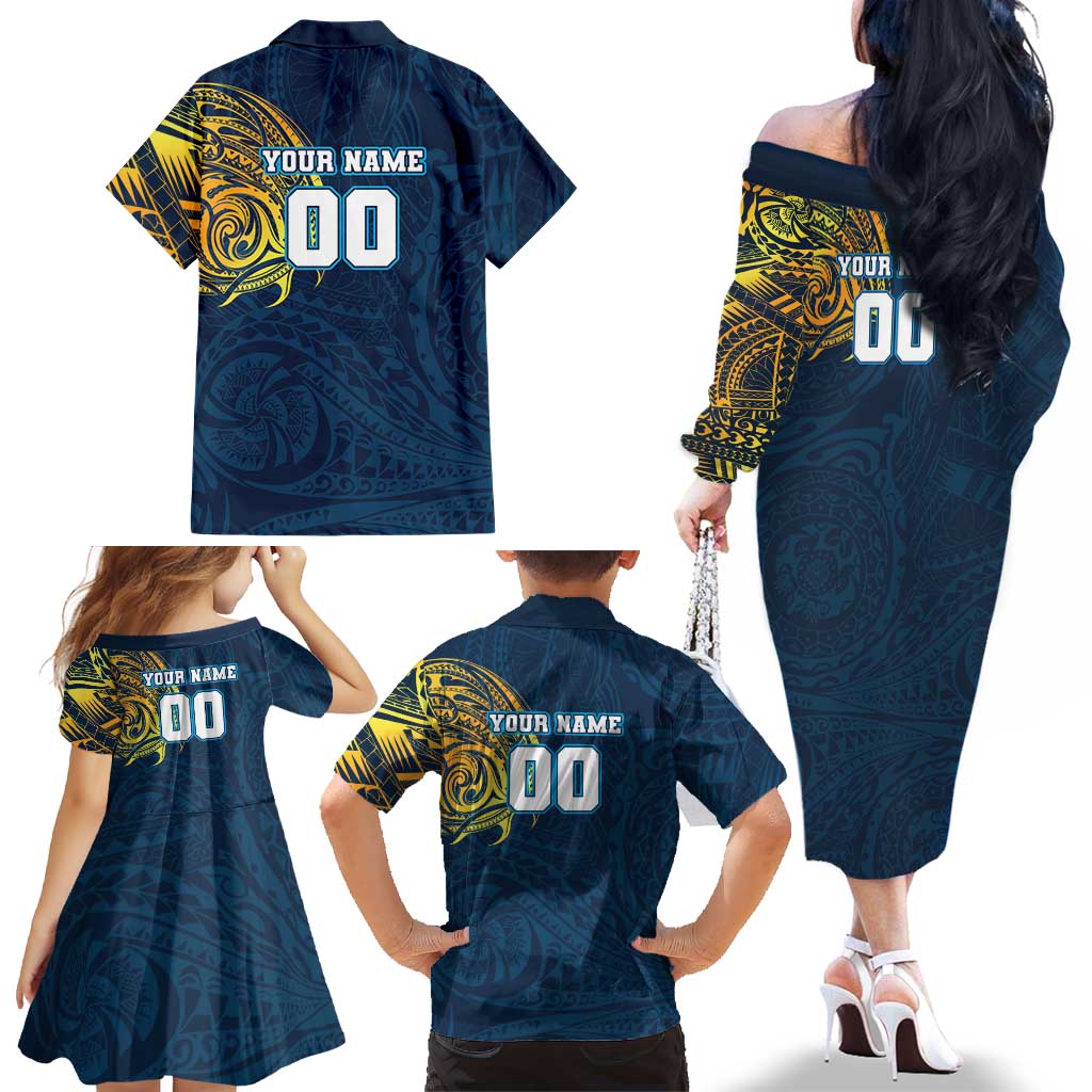 Personalized Gold Coast Titans Family Matching Off The Shoulder Long Sleeve Dress and Hawaiian Shirt Polynesian Tribal Chest and Sleeve Tattoo