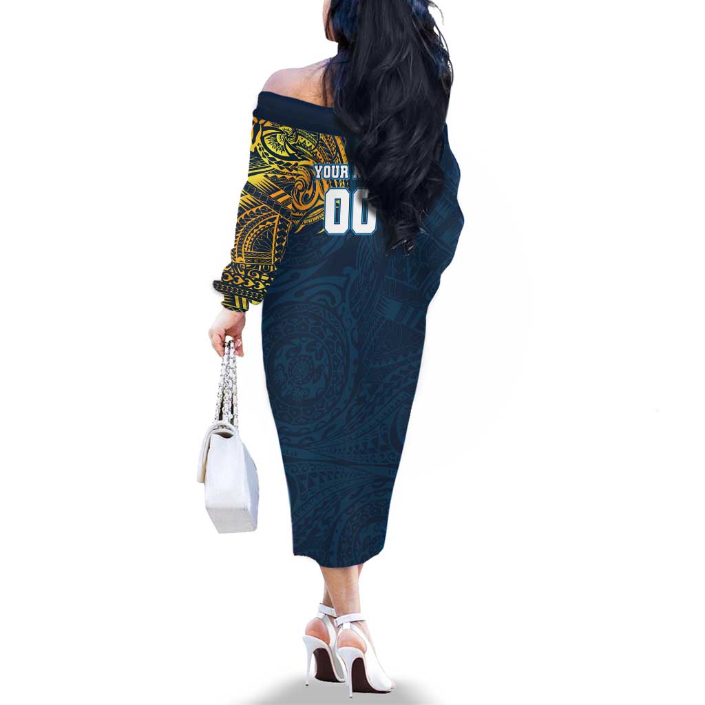 Personalized Gold Coast Titans Family Matching Off The Shoulder Long Sleeve Dress and Hawaiian Shirt Polynesian Tribal Chest and Sleeve Tattoo