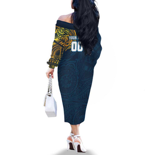 Personalized Gold Coast Titans Family Matching Off The Shoulder Long Sleeve Dress and Hawaiian Shirt Polynesian Tribal Chest and Sleeve Tattoo