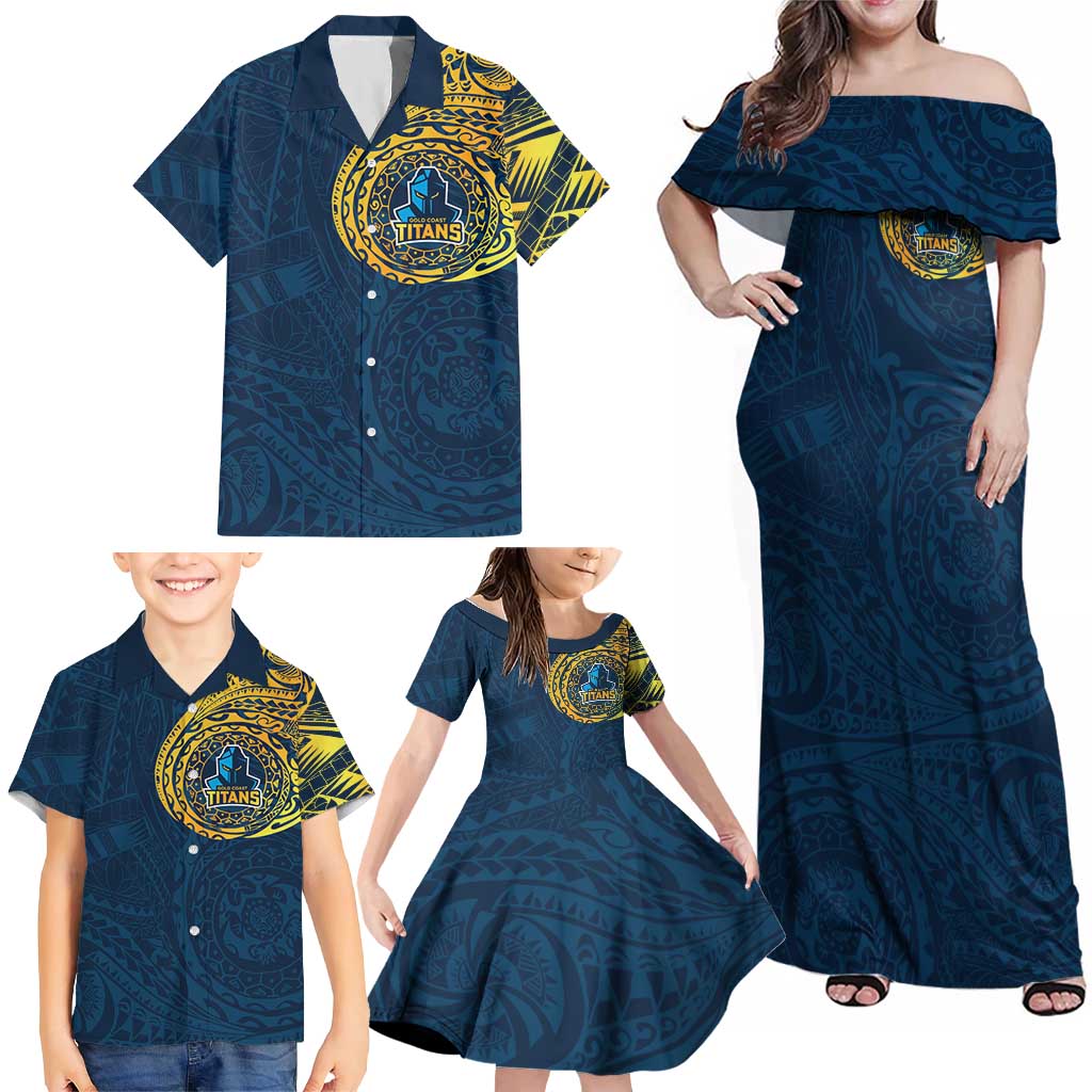 Personalized Gold Coast Titans Family Matching Off Shoulder Maxi Dress and Hawaiian Shirt Polynesian Tribal Chest and Sleeve Tattoo