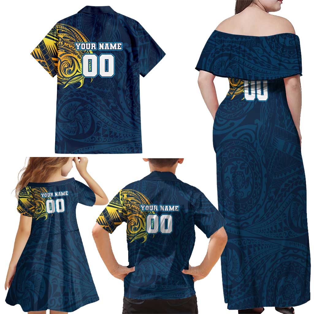 Personalized Gold Coast Titans Family Matching Off Shoulder Maxi Dress and Hawaiian Shirt Polynesian Tribal Chest and Sleeve Tattoo