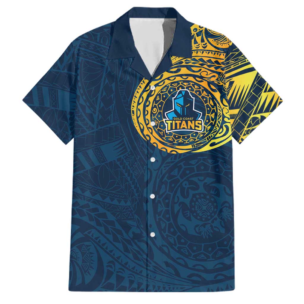 Personalized Gold Coast Titans Family Matching Off Shoulder Short Dress and Hawaiian Shirt Polynesian Tribal Chest and Sleeve Tattoo