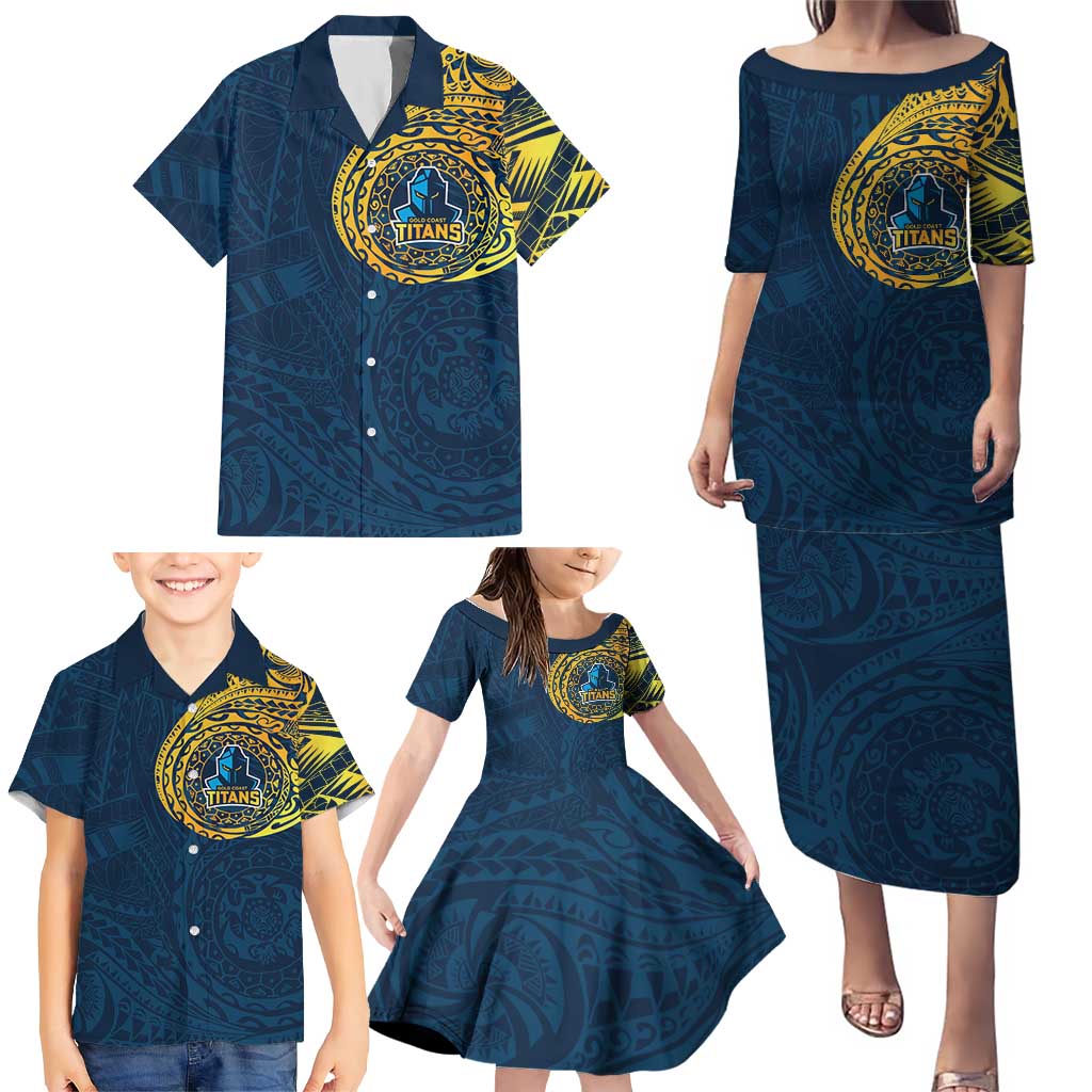 Personalized Gold Coast Titans Family Matching Puletasi and Hawaiian Shirt Polynesian Tribal Chest and Sleeve Tattoo