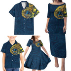 Personalized Gold Coast Titans Family Matching Puletasi and Hawaiian Shirt Polynesian Tribal Chest and Sleeve Tattoo