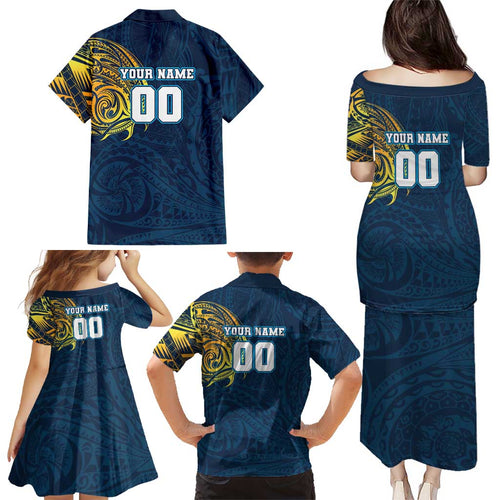 Personalized Gold Coast Titans Family Matching Puletasi and Hawaiian Shirt Polynesian Tribal Chest and Sleeve Tattoo