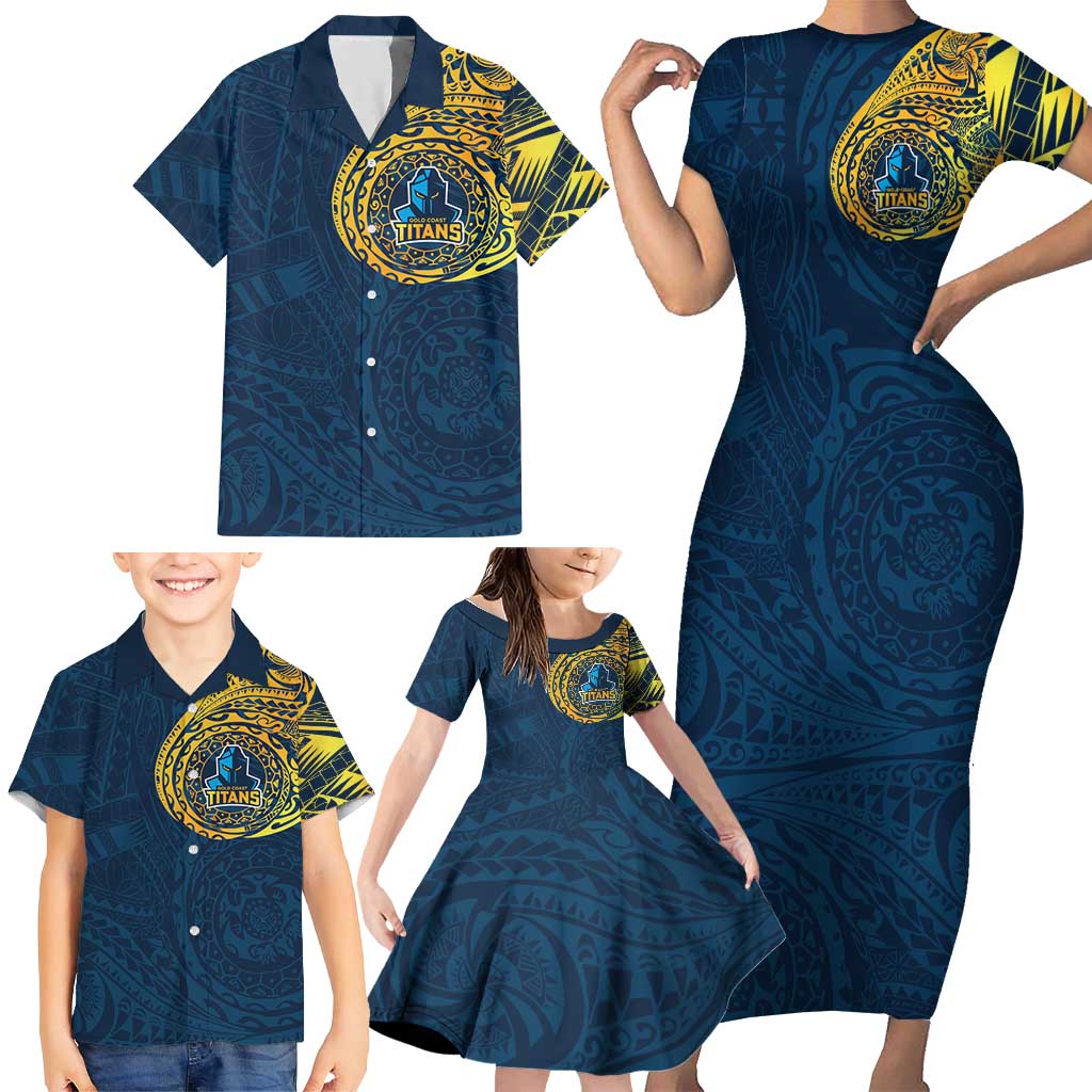 Personalized Gold Coast Titans Family Matching Short Sleeve Bodycon Dress and Hawaiian Shirt Polynesian Tribal Chest and Sleeve Tattoo