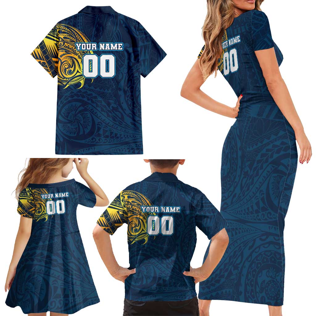 Personalized Gold Coast Titans Family Matching Short Sleeve Bodycon Dress and Hawaiian Shirt Polynesian Tribal Chest and Sleeve Tattoo