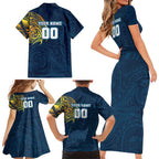 Personalized Gold Coast Titans Family Matching Short Sleeve Bodycon Dress and Hawaiian Shirt Polynesian Tribal Chest and Sleeve Tattoo