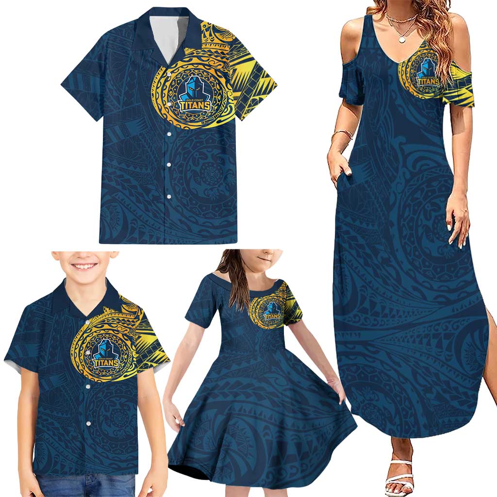 Personalized Gold Coast Titans Family Matching Summer Maxi Dress and Hawaiian Shirt Polynesian Tribal Chest and Sleeve Tattoo