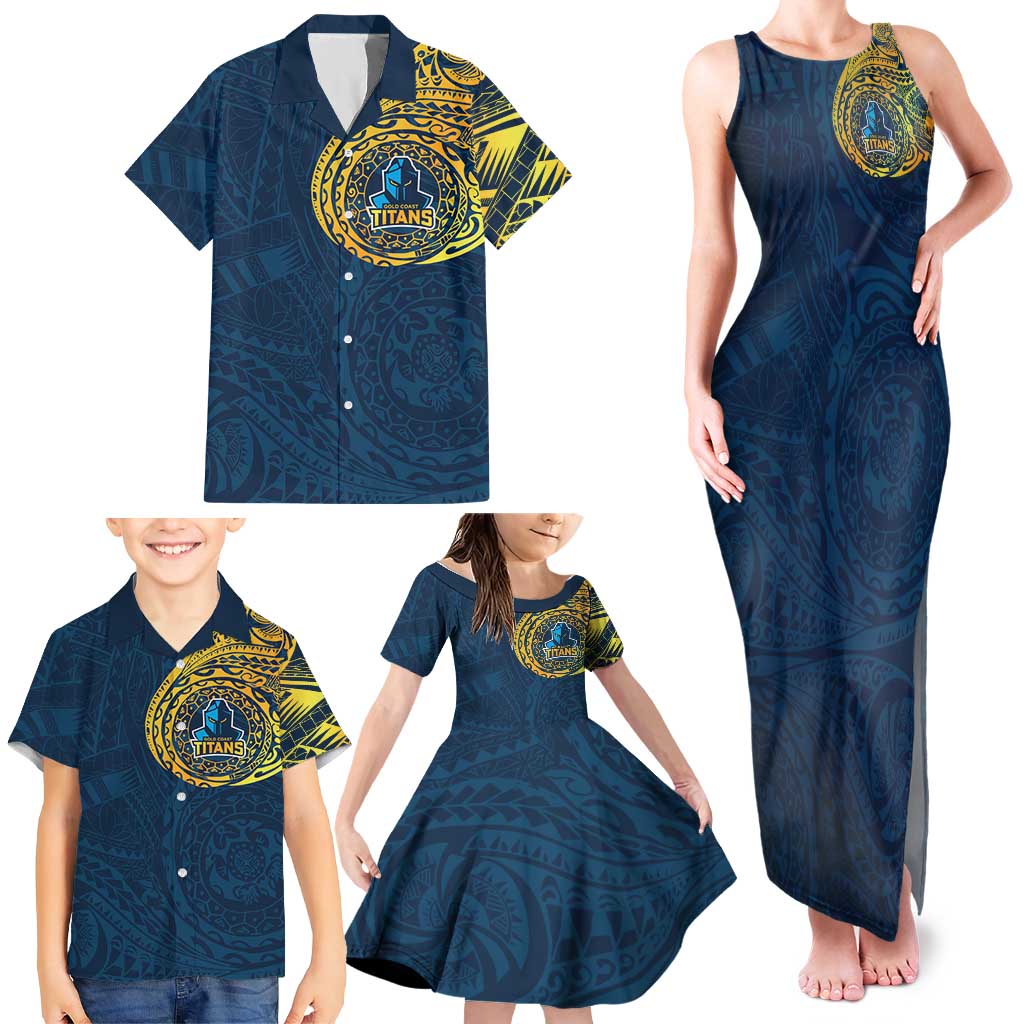 Personalized Gold Coast Titans Family Matching Tank Maxi Dress and Hawaiian Shirt Polynesian Tribal Chest and Sleeve Tattoo