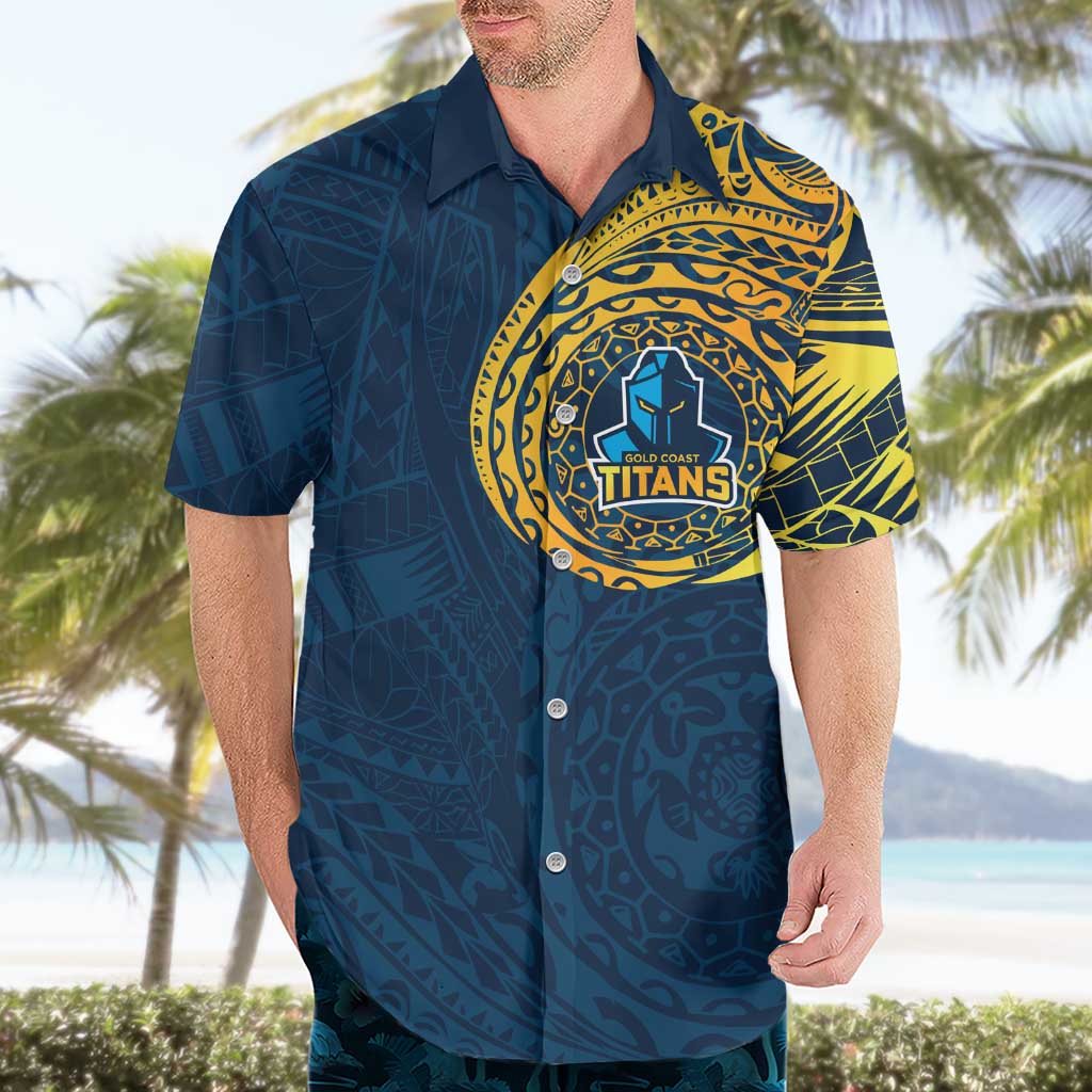 Personalized Gold Coast Titans Hawaiian Shirt Polynesian Tribal Chest and Sleeve Tattoo