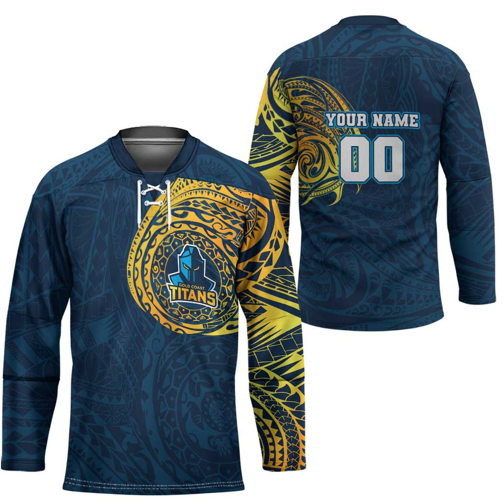 Personalized Gold Coast Titans Hockey Jersey Polynesian Tribal Chest and Sleeve Tattoo