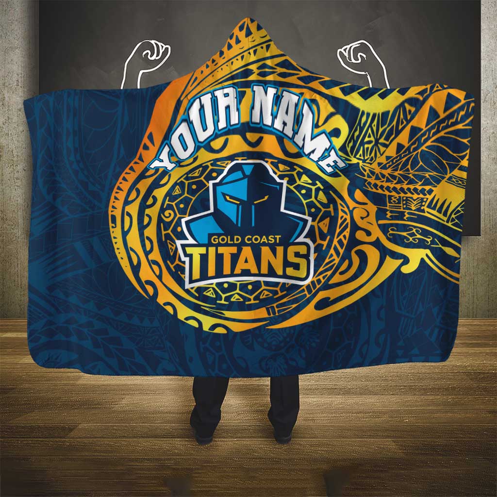 Personalized Gold Coast Titans Hooded Blanket Polynesian Tribal Chest and Sleeve Tattoo