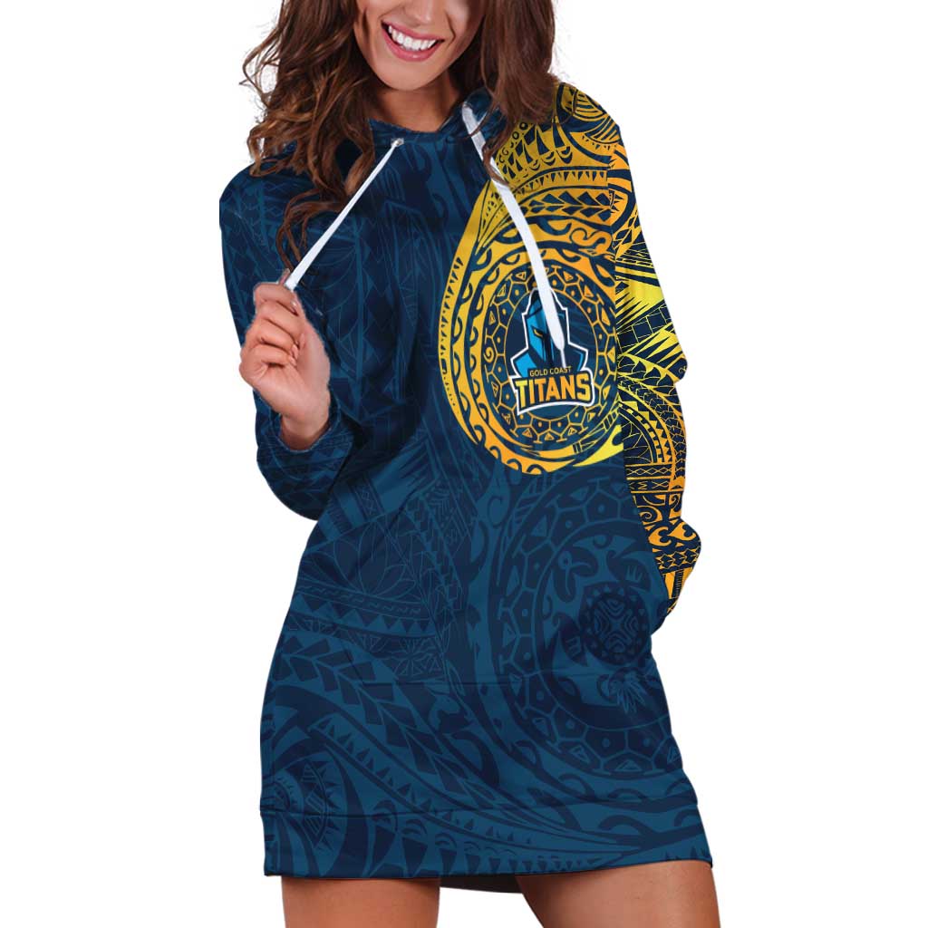 Personalized Gold Coast Titans Hoodie Dress Polynesian Tribal Chest and Sleeve Tattoo
