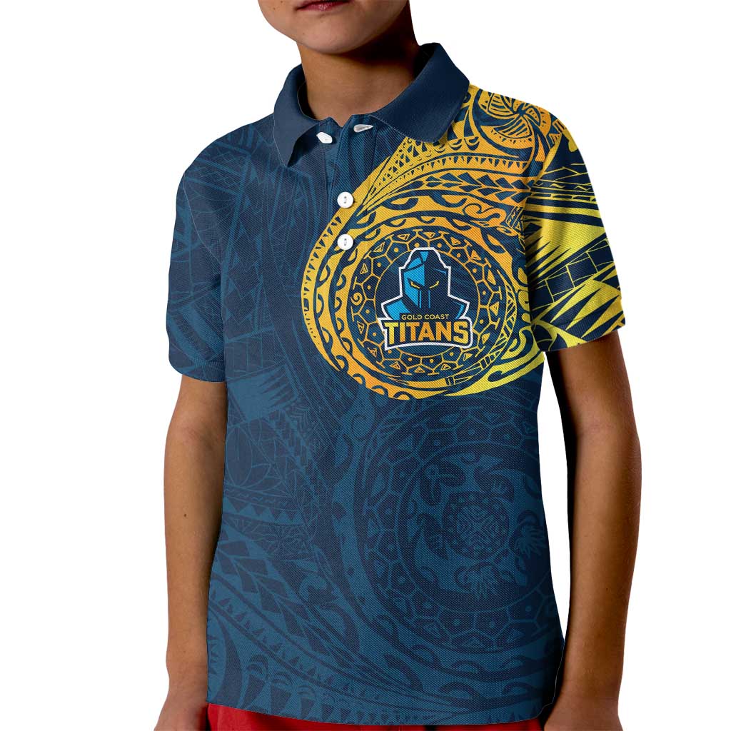 Personalized Gold Coast Titans Kid Polo Shirt Polynesian Tribal Chest and Sleeve Tattoo