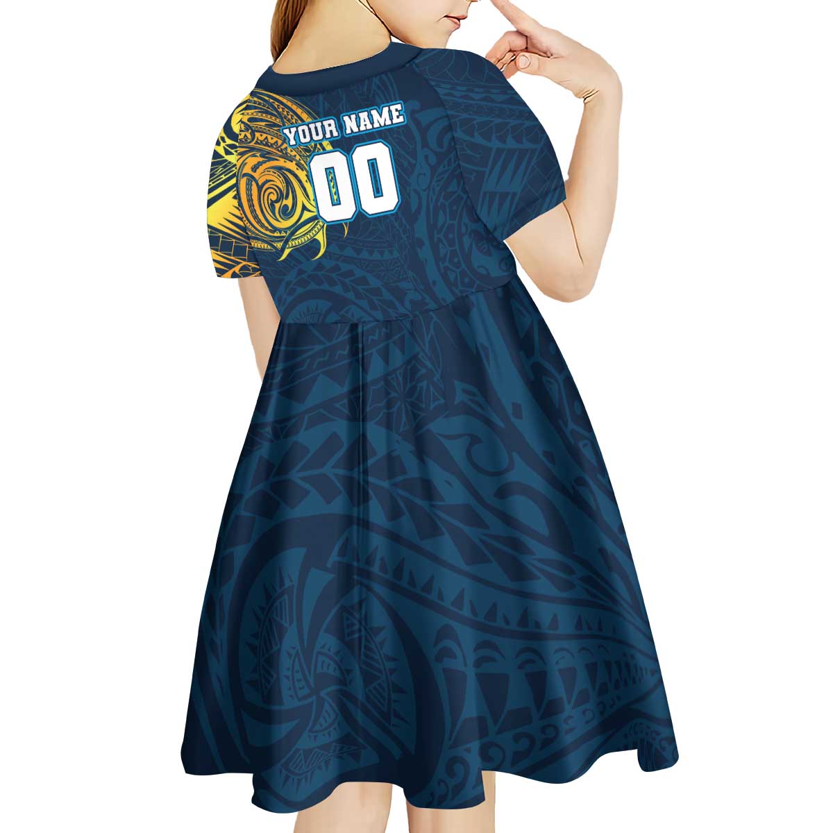Personalized Gold Coast Titans Kid Short Sleeve Dress Polynesian Tribal Chest and Sleeve Tattoo