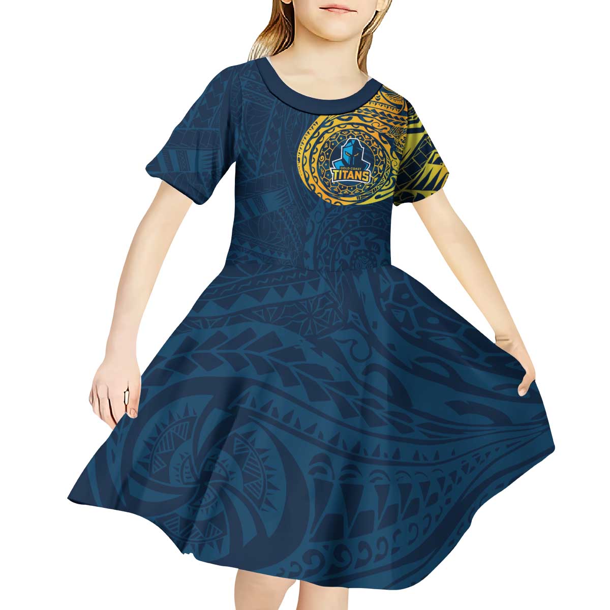 Personalized Gold Coast Titans Kid Short Sleeve Dress Polynesian Tribal Chest and Sleeve Tattoo