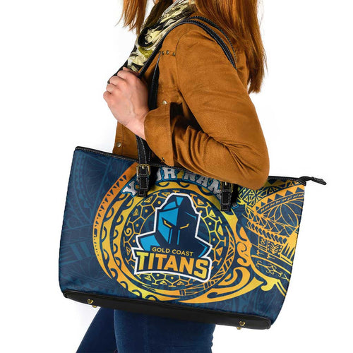 Personalized Gold Coast Titans Leather Tote Bag Polynesian Tribal Chest and Sleeve Tattoo