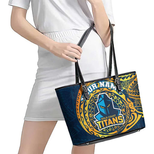 Personalized Gold Coast Titans Leather Tote Bag Polynesian Tribal Chest and Sleeve Tattoo
