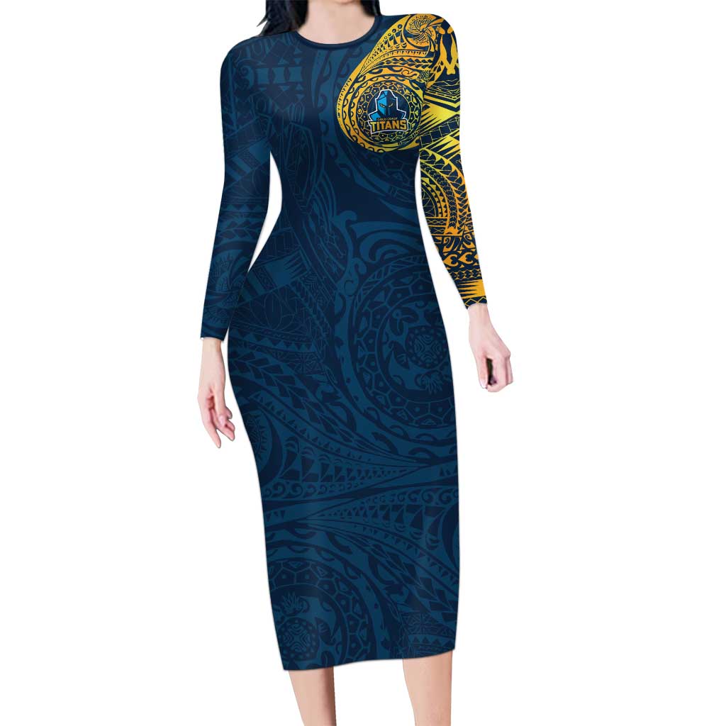 Personalized Gold Coast Titans Long Sleeve Bodycon Dress Polynesian Tribal Chest and Sleeve Tattoo