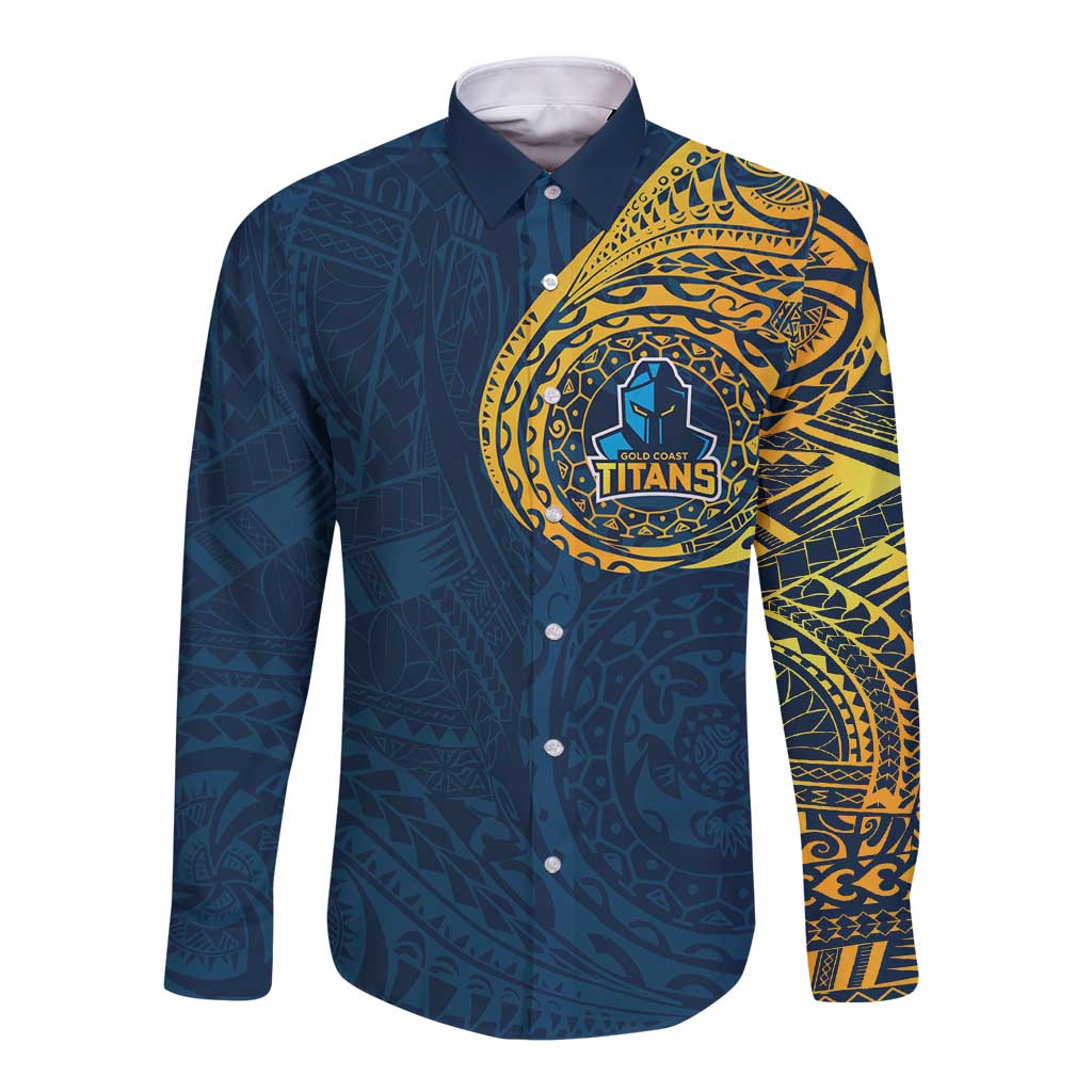 Personalized Gold Coast Titans Long Sleeve Button Shirt Polynesian Tribal Chest and Sleeve Tattoo