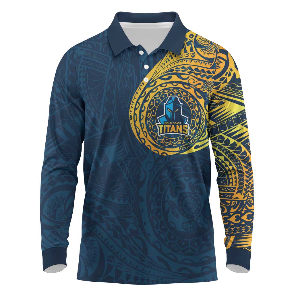 Personalized Gold Coast Titans Long Sleeve Polo Shirt Polynesian Tribal Chest and Sleeve Tattoo