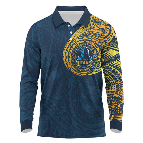 Personalized Gold Coast Titans Long Sleeve Polo Shirt Polynesian Tribal Chest and Sleeve Tattoo