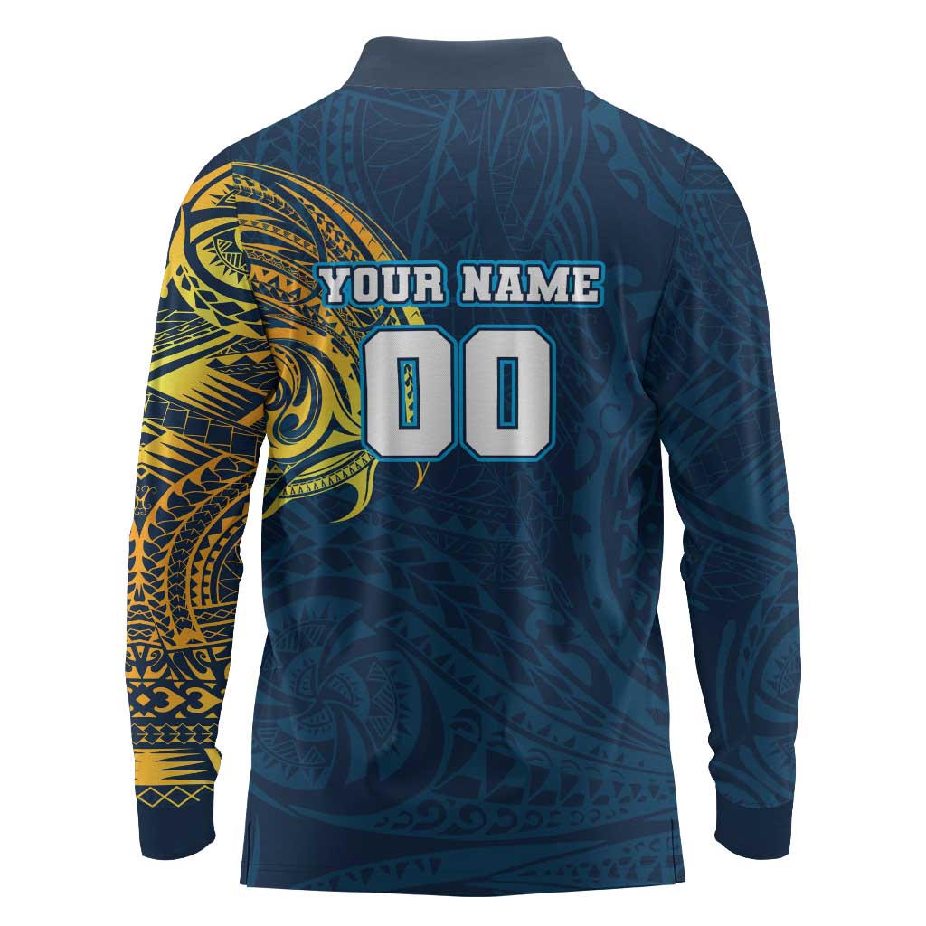 Personalized Gold Coast Titans Long Sleeve Polo Shirt Polynesian Tribal Chest and Sleeve Tattoo