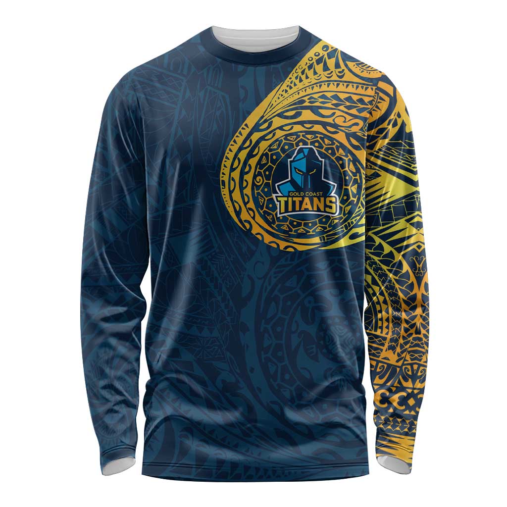 Personalized Gold Coast Titans Long Sleeve Shirt Polynesian Tribal Chest and Sleeve Tattoo