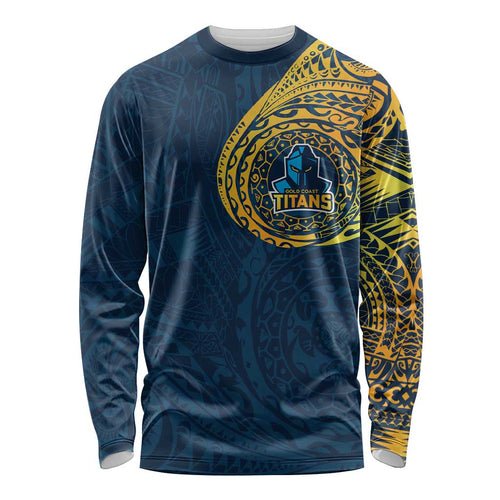 Personalized Gold Coast Titans Long Sleeve Shirt Polynesian Tribal Chest and Sleeve Tattoo