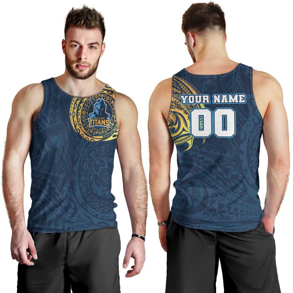 Personalized Gold Coast Titans Men Tank Top Polynesian Tribal Chest and Sleeve Tattoo