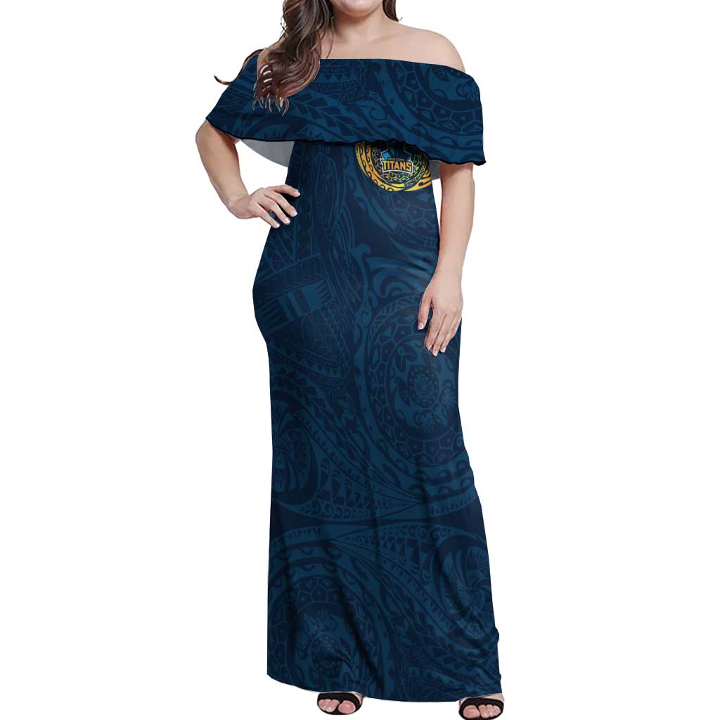 Personalized Gold Coast Titans Off Shoulder Maxi Dress Polynesian Tribal Chest and Sleeve Tattoo