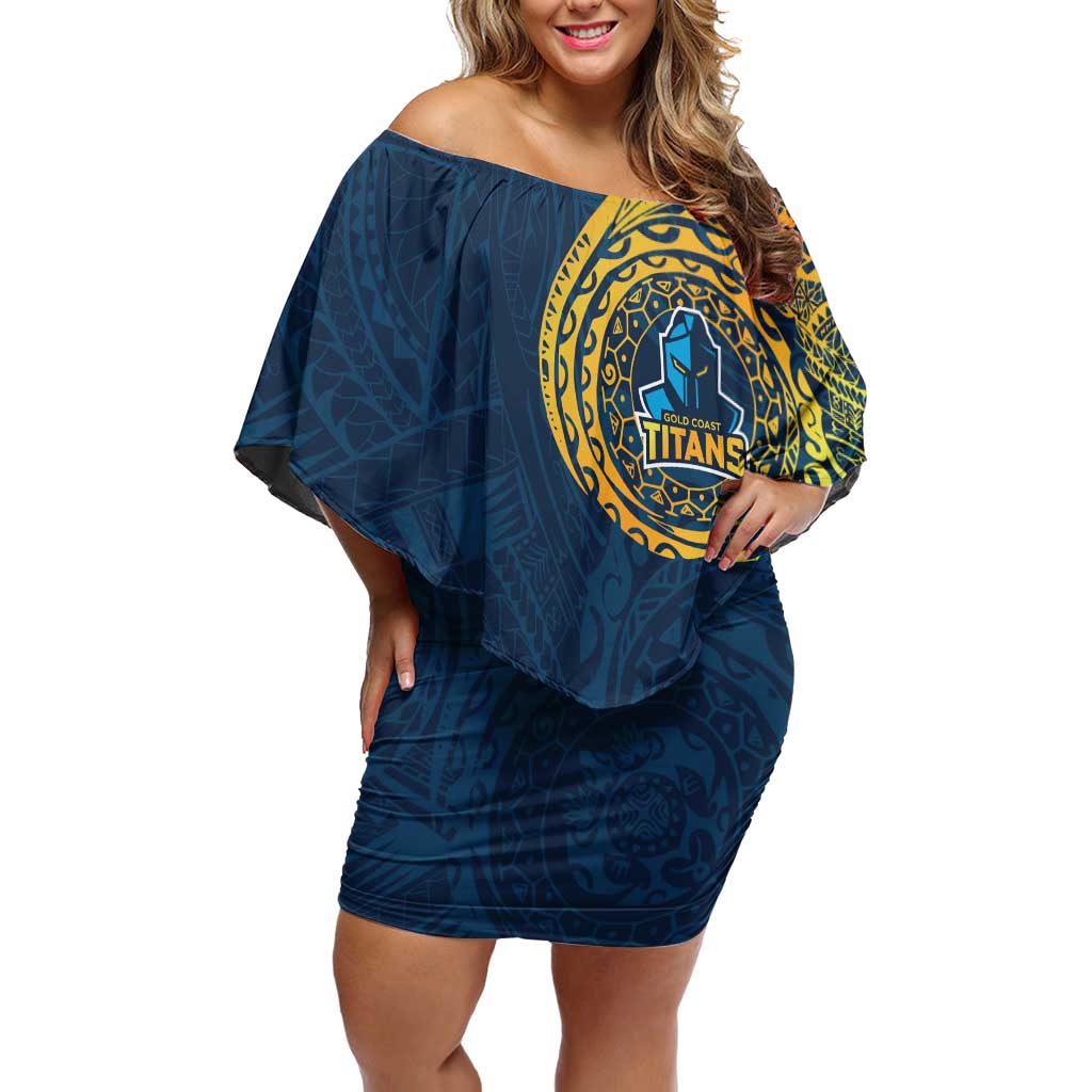 Personalized Gold Coast Titans Off Shoulder Short Dress Polynesian Tribal Chest and Sleeve Tattoo
