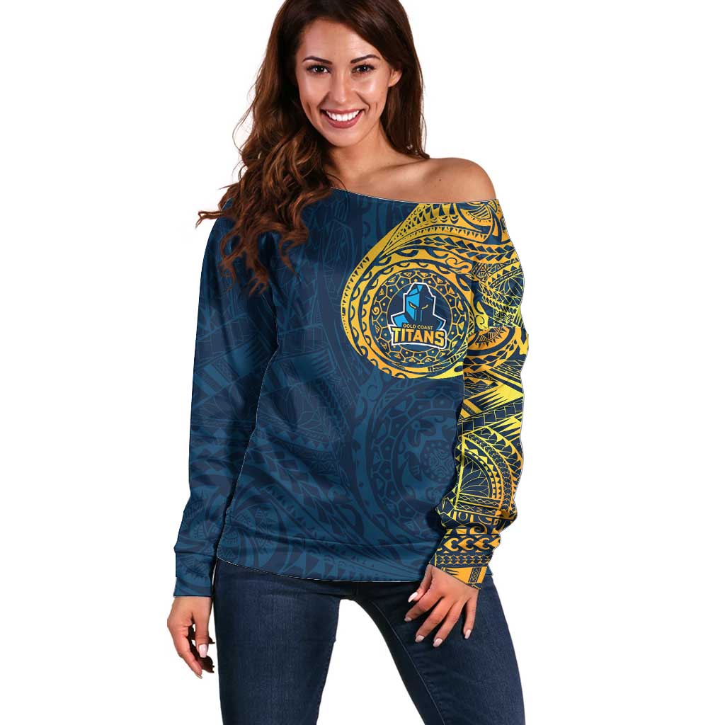 Personalized Gold Coast Titans Off Shoulder Sweater Polynesian Tribal Chest and Sleeve Tattoo